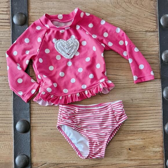 Little Me Pink Polkadot and Stripe Rashguard Bikini sz 6-9. - Picture 3 of 6